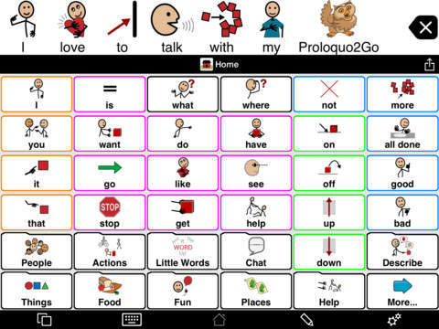Screenshot of Proloquo2Go, an app for iOS enabled devices for those unable to speak. Image by AssistiveWare.